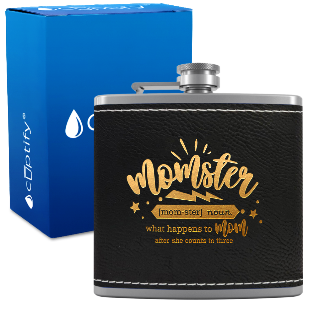 Momster 6 oz Stainless Steel Leather Hip Flask