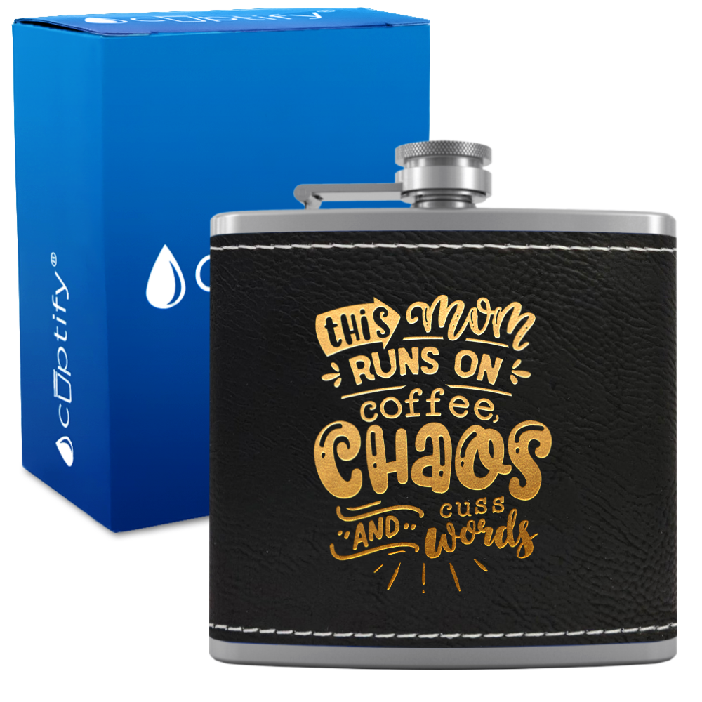This Mom Runs On Coffee 6 oz Stainless Steel Leather Hip Flask