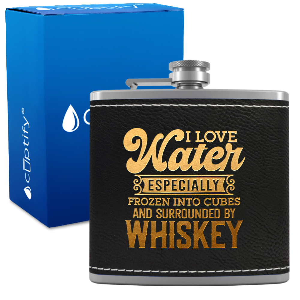 I Love Water 6 oz Stainless Steel Leather Hip Flask