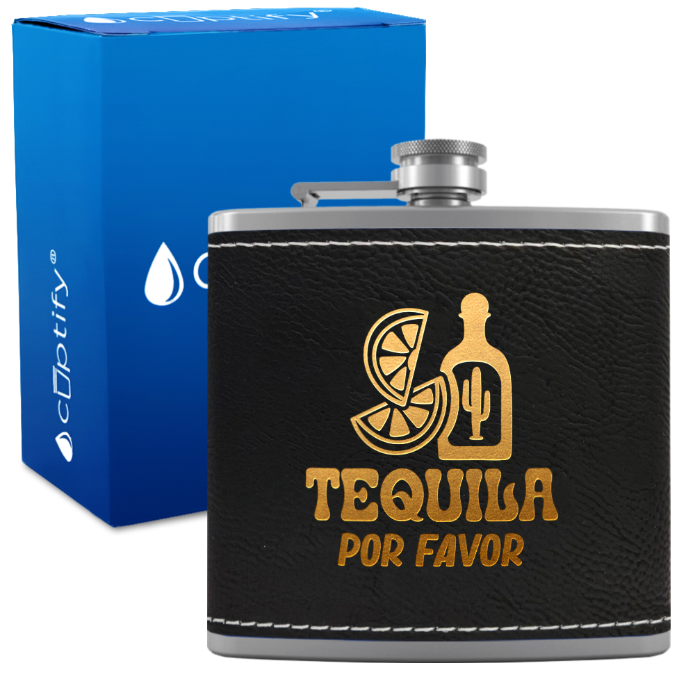 Tequila Por Favor 6 oz Stainless Steel Leather Hip Flask