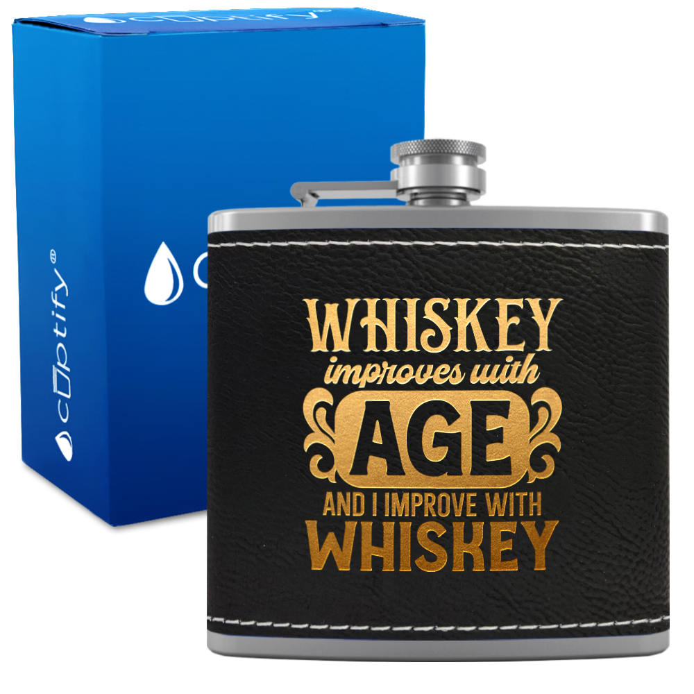 Whiskey Improves With Age 6 oz Stainless Steel Leather Hip Flask