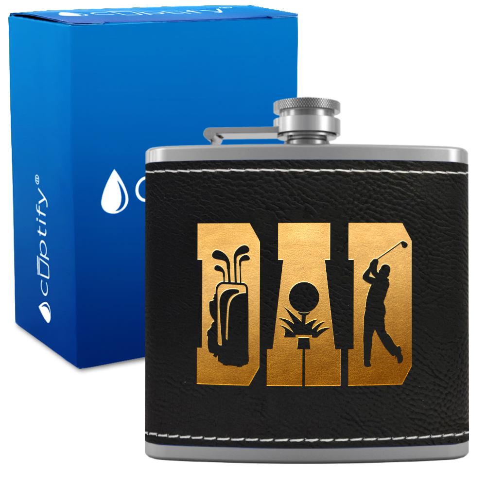 Golf Dad Silhouette 6oz Stainless Steel Leather Hip Flask