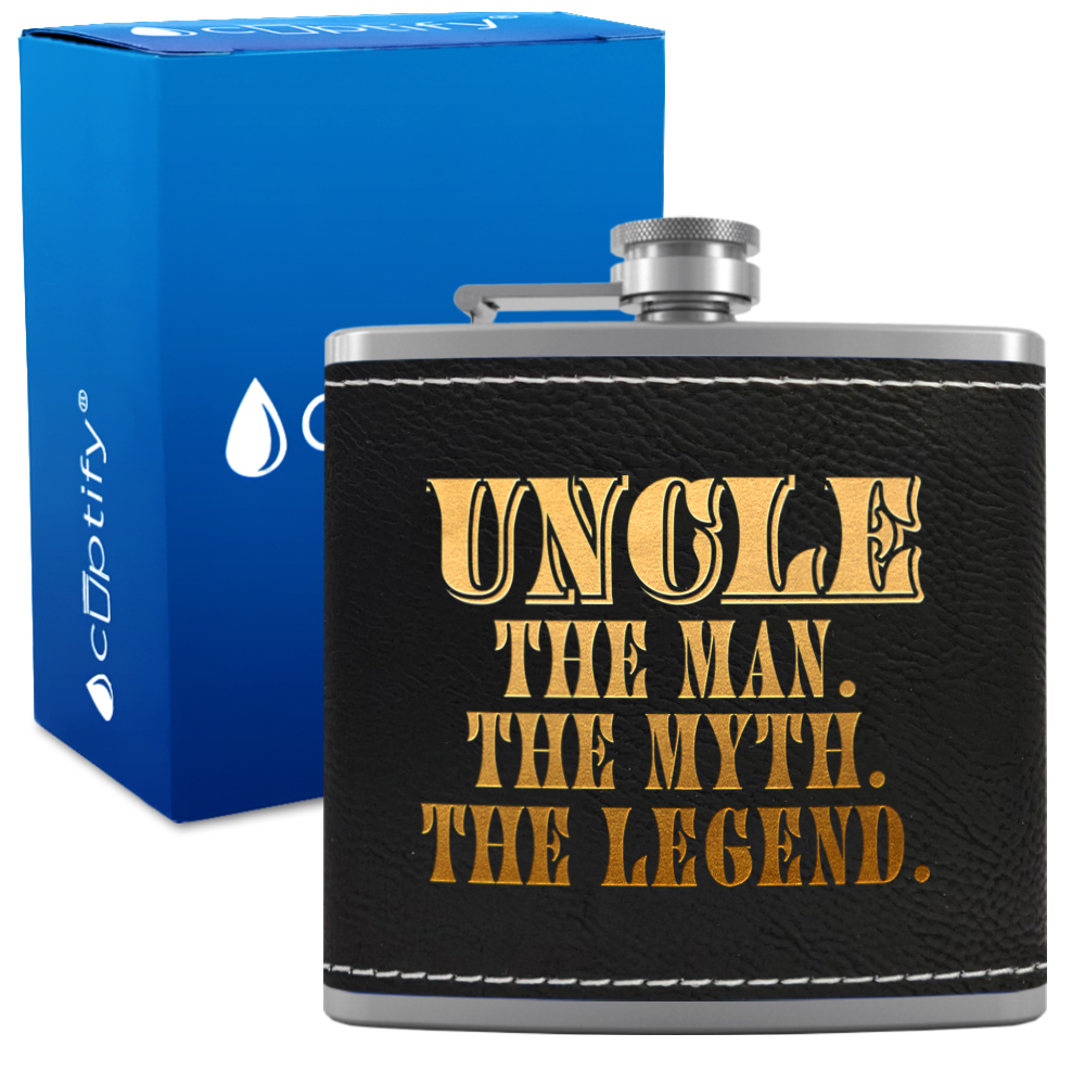 Uncle The Man The Myth The Legend 6oz Stainless Steel Leather Hip Flask