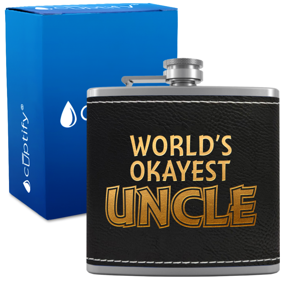 World's Okayest Uncle 6oz Stainless Steel Leather Hip Flask