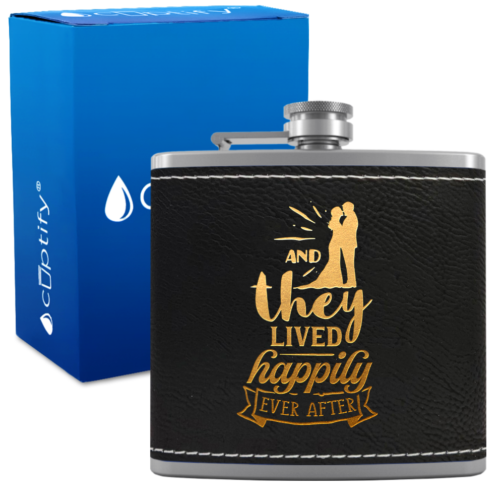 And They Lived Happily 6 oz Stainless Steel Leather Hip Flask