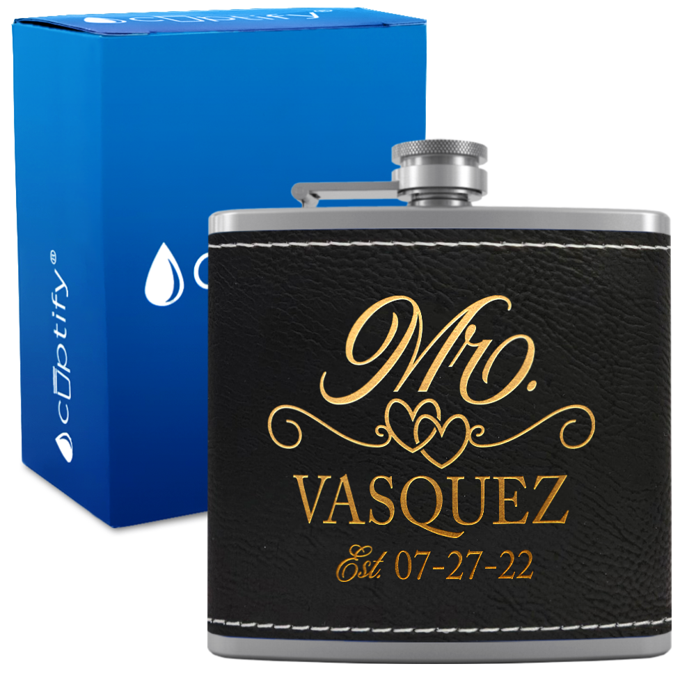Personalized Mr. with date 6oz Stainless Steel Leather Hip Flask