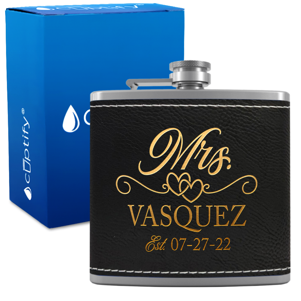 Personalized Mrs. with date 6oz Stainless Steel Leather Hip Flask