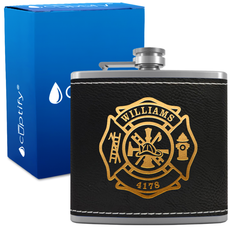 Personalized Firefighter Name and Number 6oz Stainless Steel Leather Hip Flask
