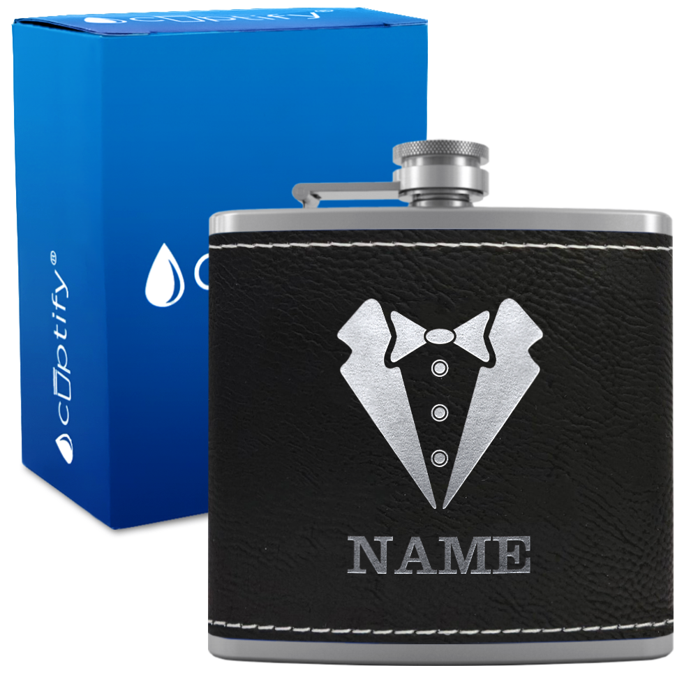 Personalized Suit Bow Tie Groomsmen 6 oz Stainless Steel Leather Hip Flask