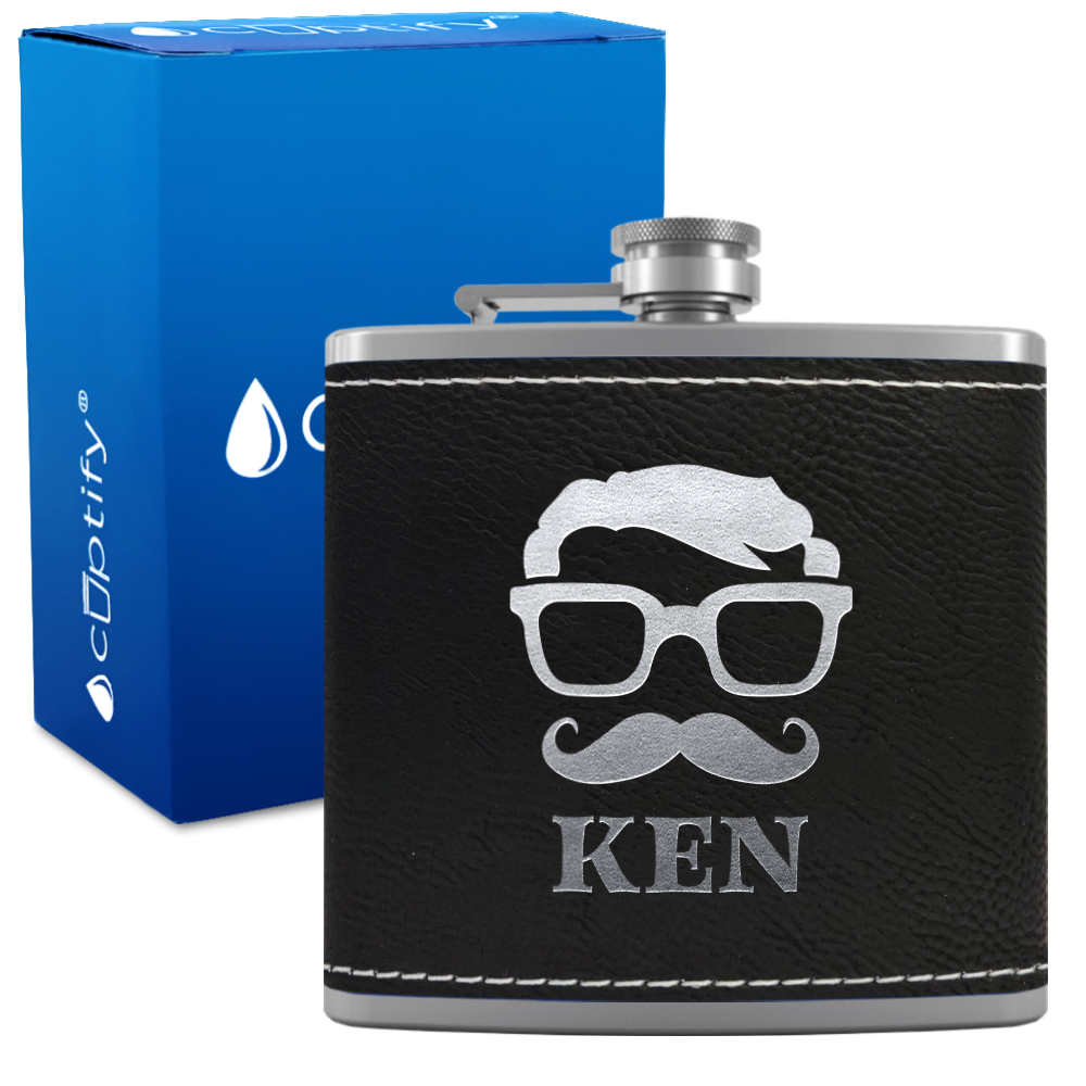 Personalized Glasses Mustache Groomsmen 6 oz Stainless Steel Leather Hip Flask