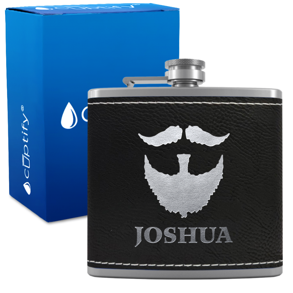Personalized Beard Groomsmen 6 oz Stainless Steel Leather Hip Flask