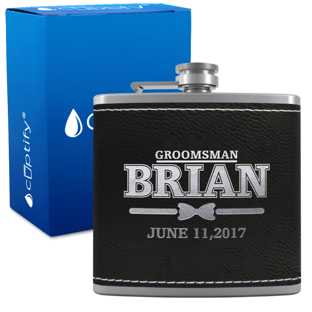 Personalized Dated Bow Tie Groosmen 6 oz Stainless Steel Leather Hip Flask