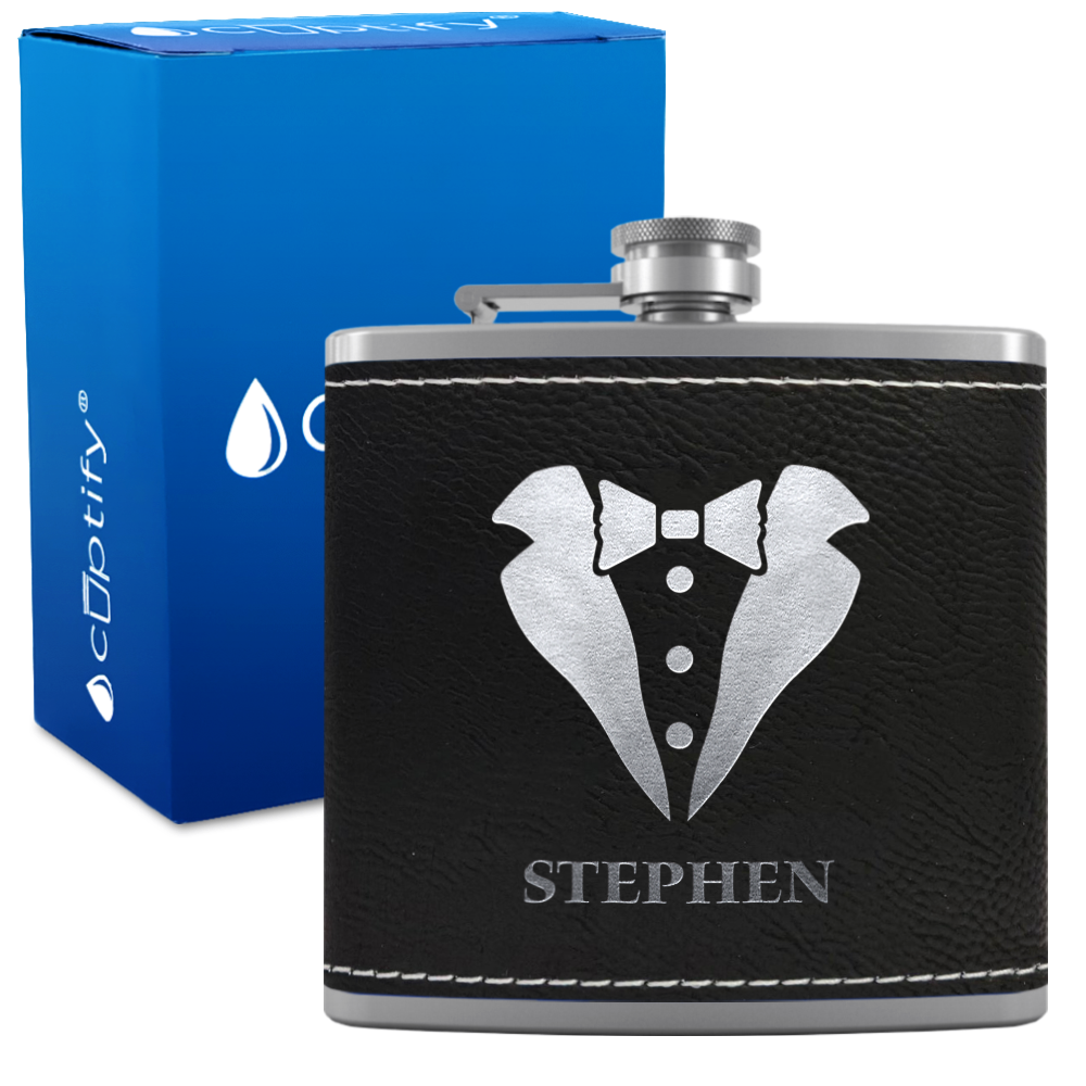 Personalized Tux Groomsmen 6 oz Stainless Steel Leather Hip Flask