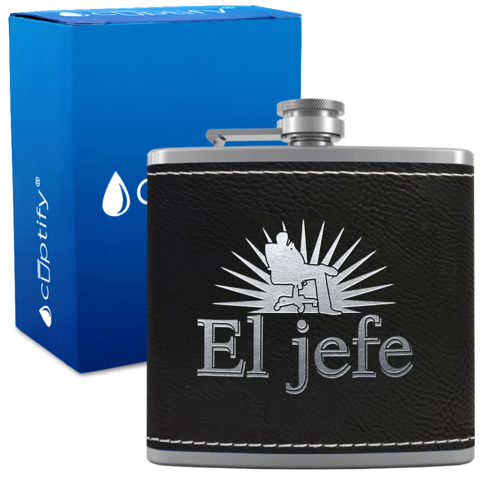El Jefe 6oz Stainless Steel Leather Hip Flask