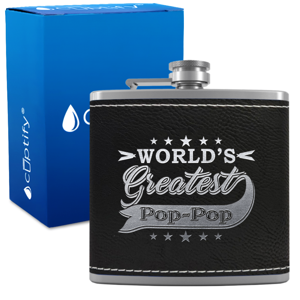 Worlds Greatest Pop-Pop 6 oz Stainless Steel Leather Hip Flask