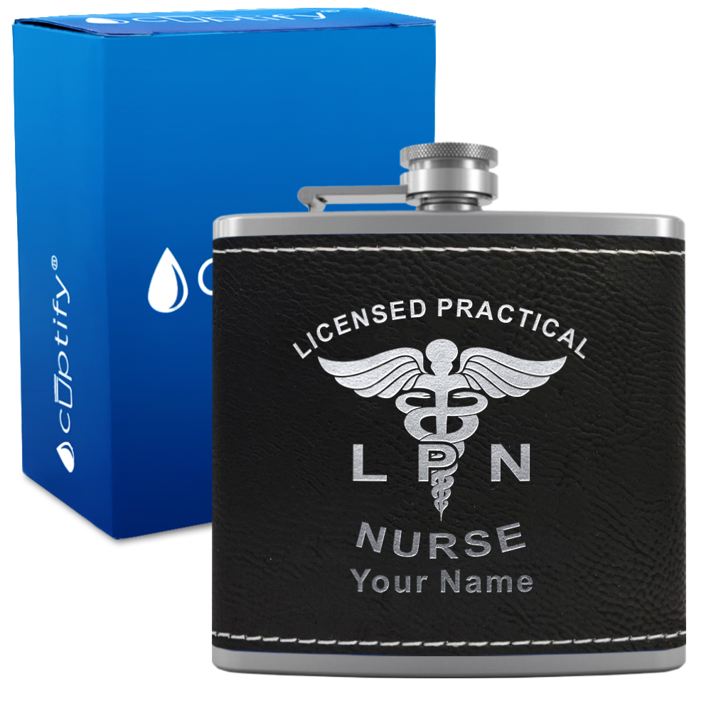 Personalized LPN Licensed Practical Nurse 6oz Stainless Steel Leather Hip Flask