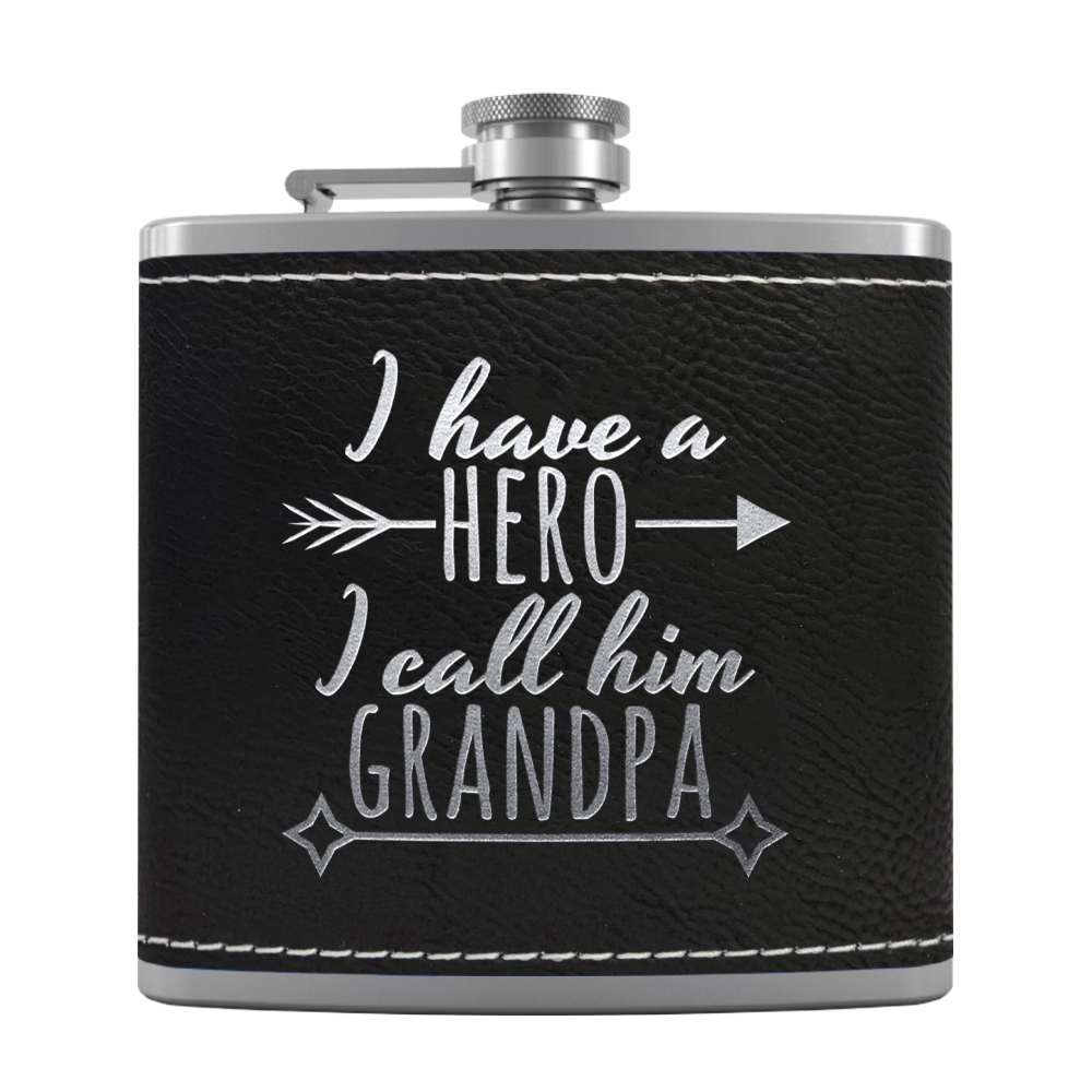 Grandpa Hero 6 oz Stainless Steel Leather Hip Flask