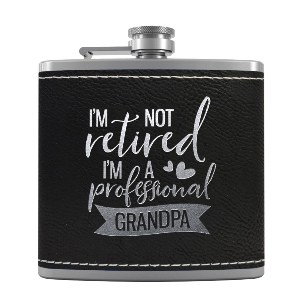 Professional Grandpa 6 oz Stainless Steel Leather Hip Flask