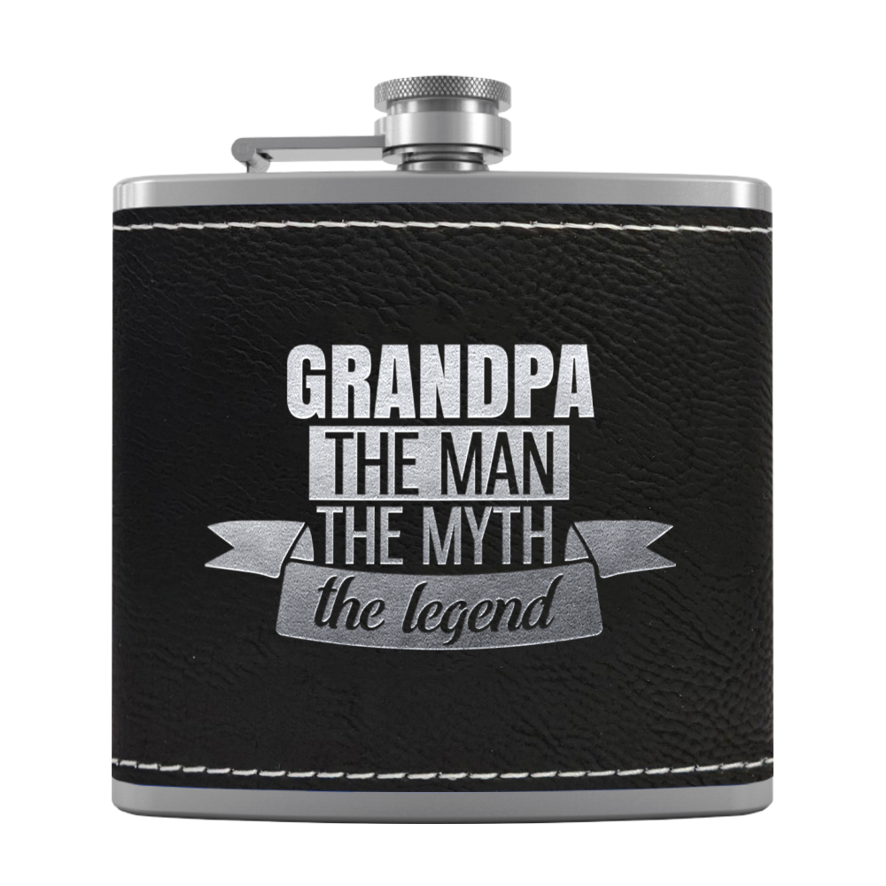 Grandpa The Man 6 oz Stainless Steel Leather Hip Flask