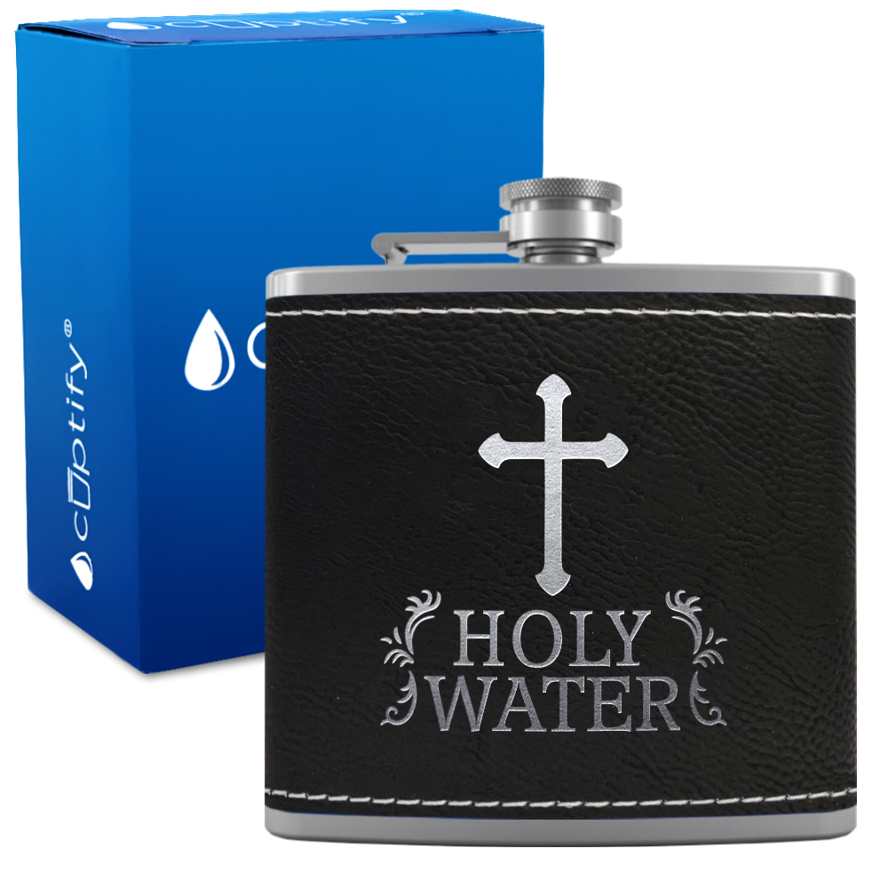 Holy Water 6 oz Stainless Steel Leather Hip Flask