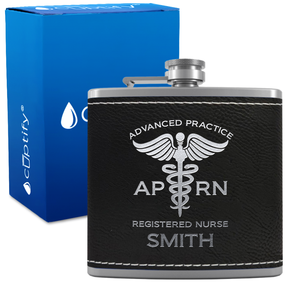 Personalized APRN Advanced Practice Registered Nurse 6oz Stainless Steel Leather Hip Flask