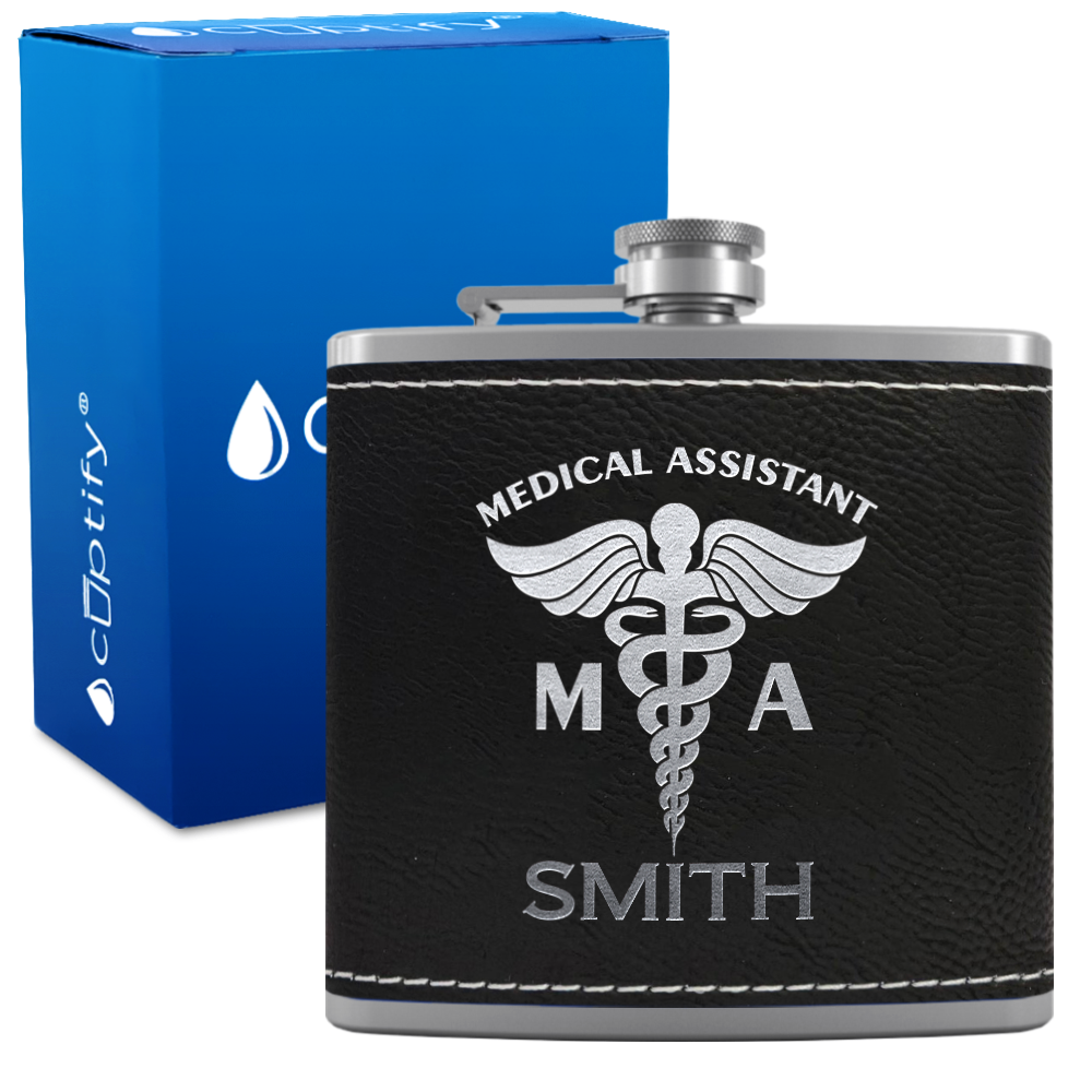 Personalized MA Medical Assistant 6oz Stainless Steel Leather Hip Flask