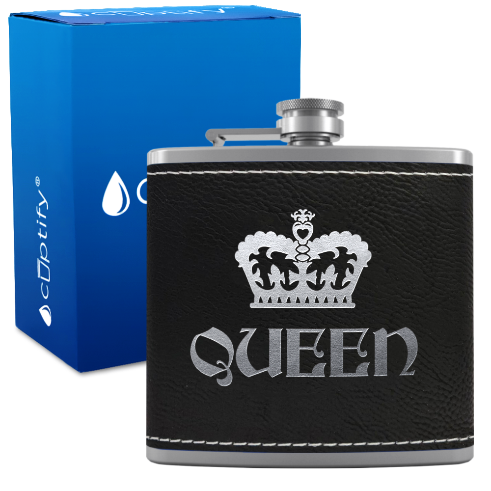Queen Crown 6 oz Stainless Steel Leather Hip Flask