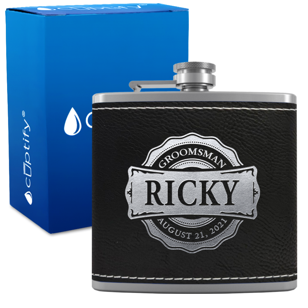Personalized Groomsman Circle 6 oz Stainless Steel Leather Hip Flask