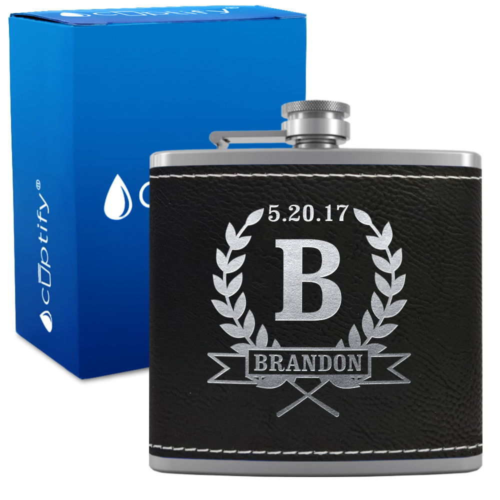 Personalized Groomsman Laurels 6 oz Stainless Steel Leather Hip Flask