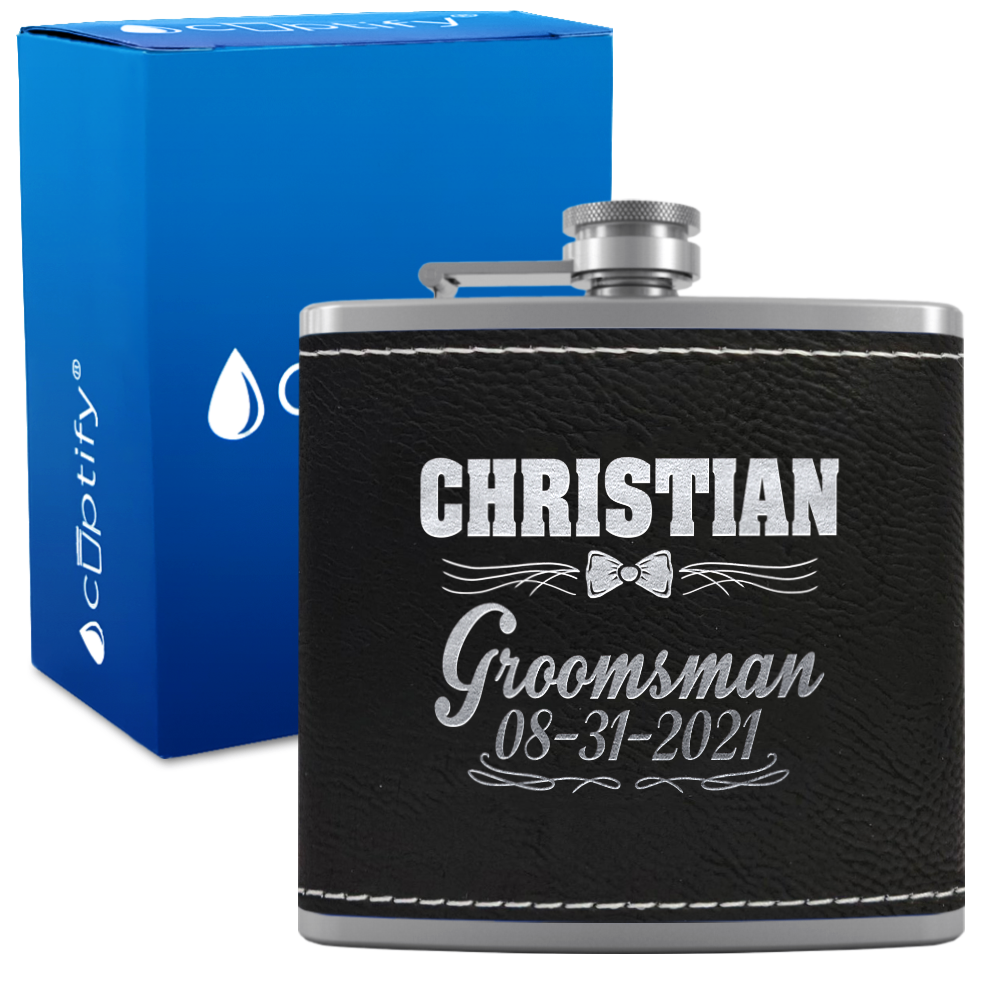 Personalized Groomsman Bow Tie 6 oz Stainless Steel Leather Hip Flask