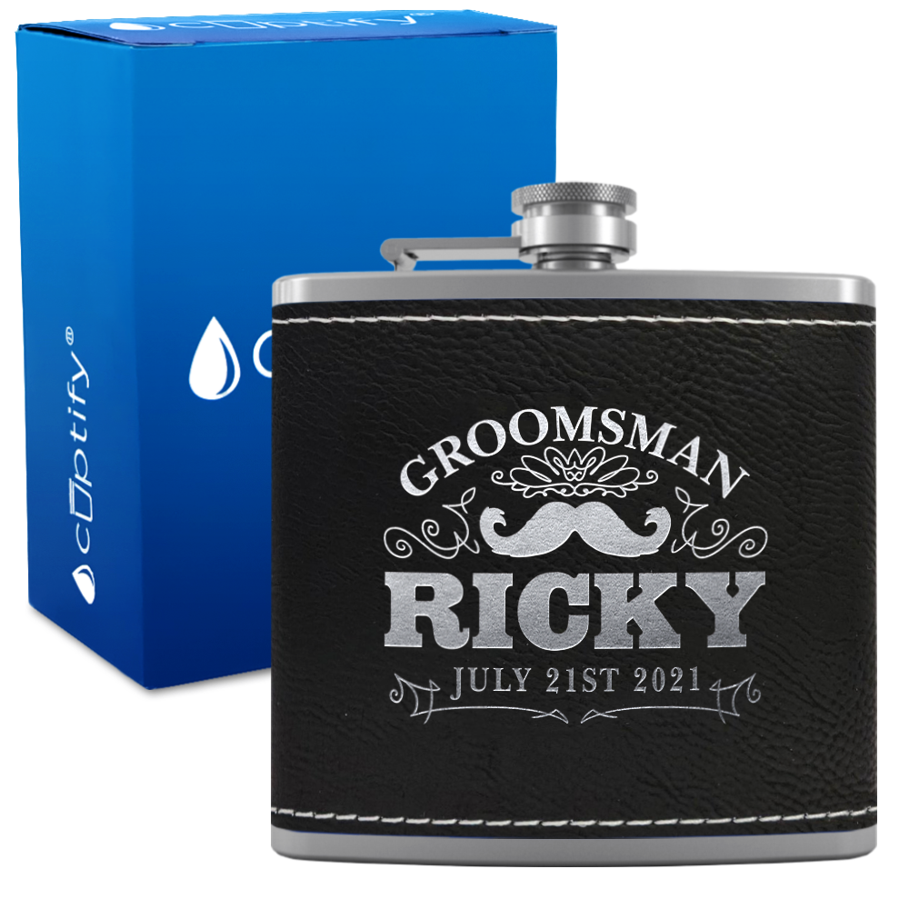 Personalized Groomsman Mustache 6 oz Stainless Steel Leather Hip Flask