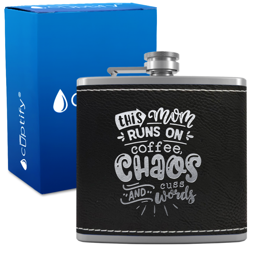 This Mom Runs On Coffee 6 oz Stainless Steel Leather Hip Flask
