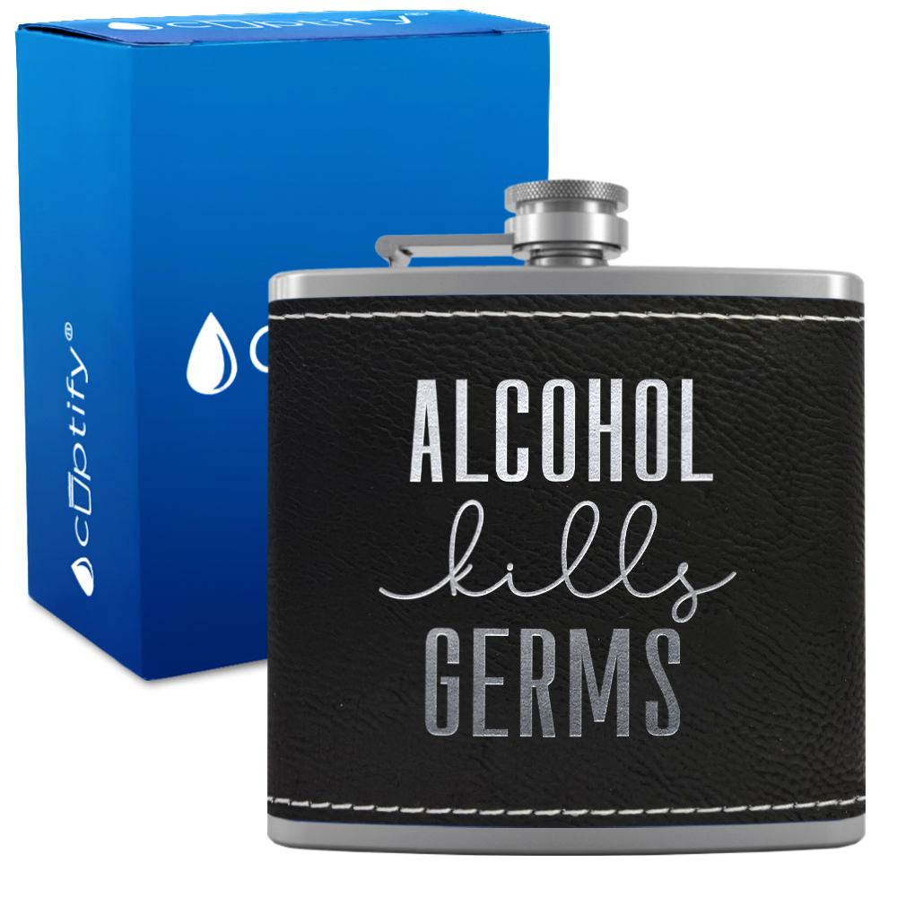 Alcohol Kills Germs 6 oz Stainless Steel Leather Hip Flask
