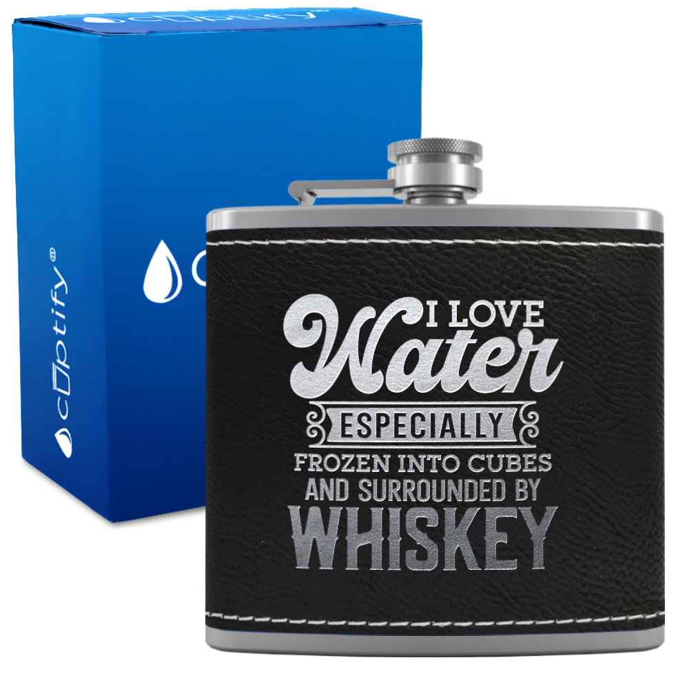 I Love Water 6 oz Stainless Steel Leather Hip Flask