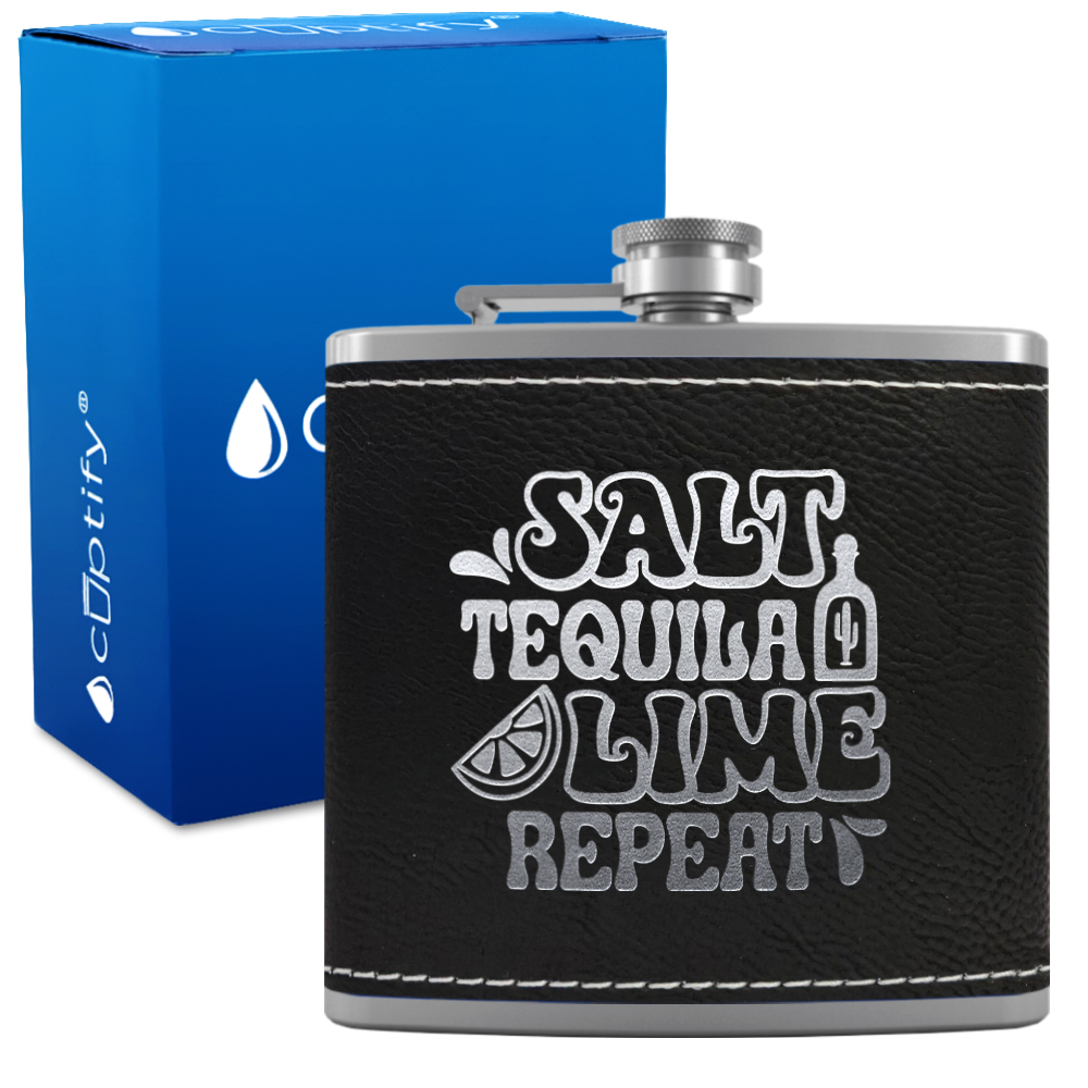 Salt Tequila Lime Repeat 6 oz Stainless Steel Leather Hip Flask
