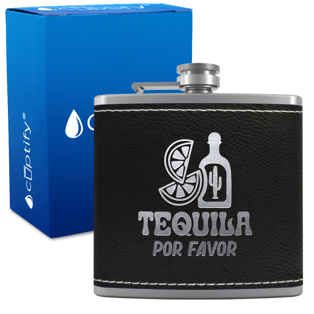 Tequila Por Favor 6 oz Stainless Steel Leather Hip Flask