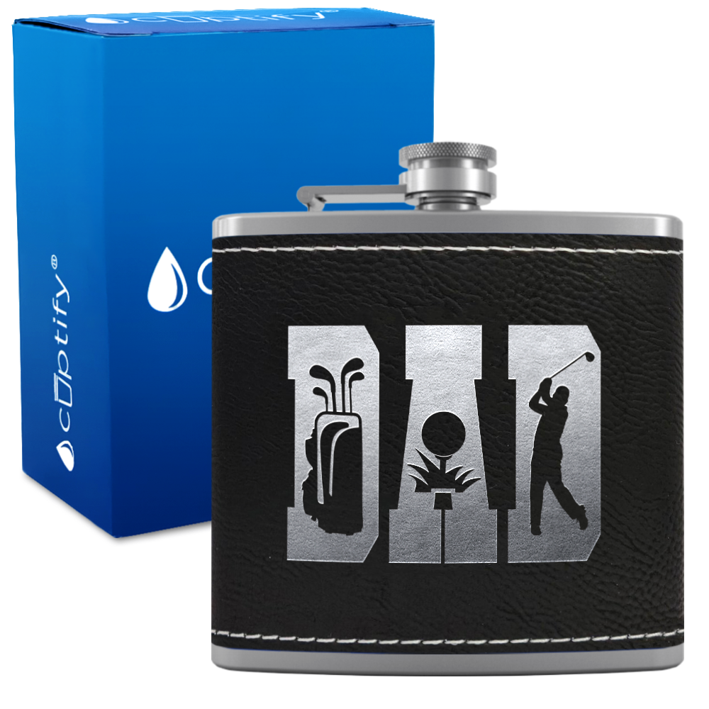 Golf Dad Silhouette 6oz Stainless Steel Leather Hip Flask