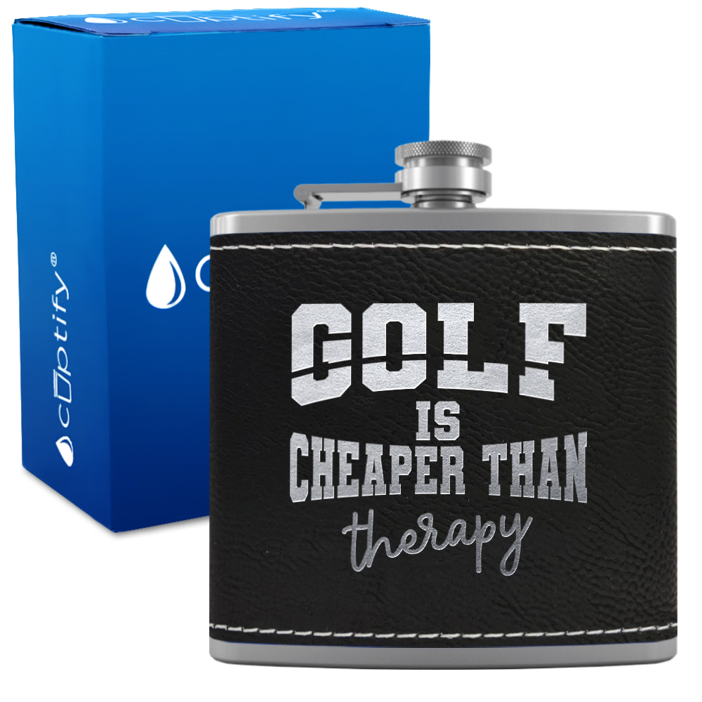 Golf is Cheaper Than Therapy 6oz Stainless Steel Leather Hip Flask