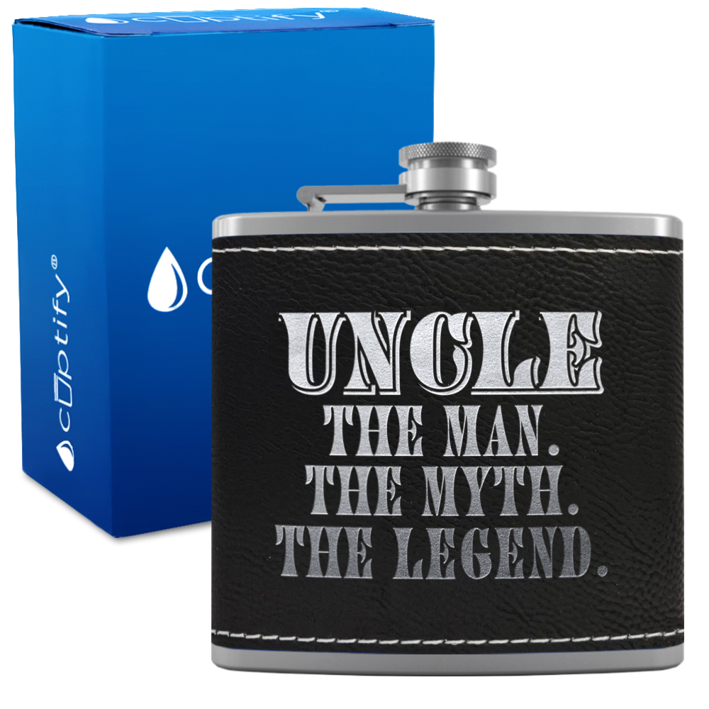 Uncle The Man The Myth The Legend 6oz Stainless Steel Leather Hip Flask
