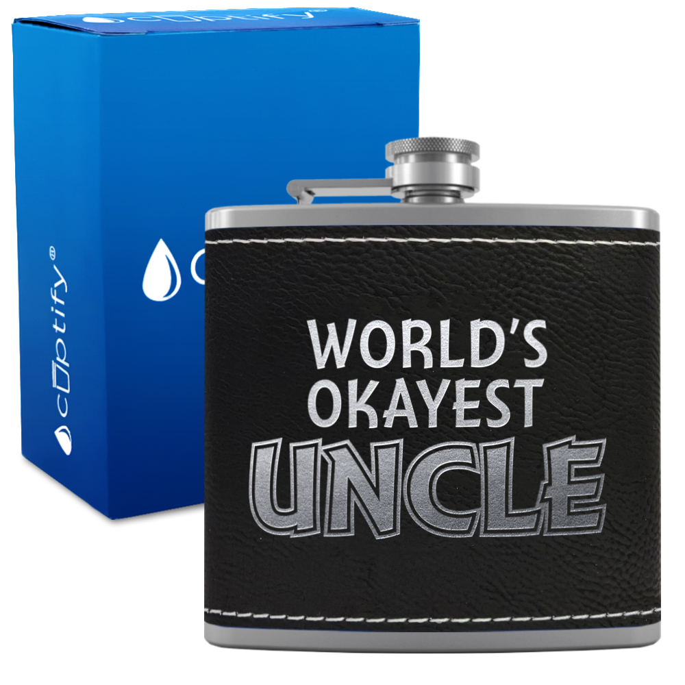 World's Okayest Uncle 6oz Stainless Steel Leather Hip Flask