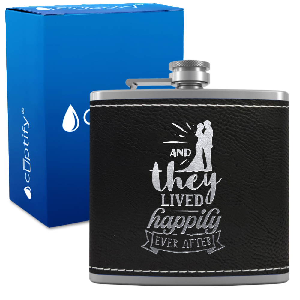 And They Lived Happily 6 oz Stainless Steel Leather Hip Flask