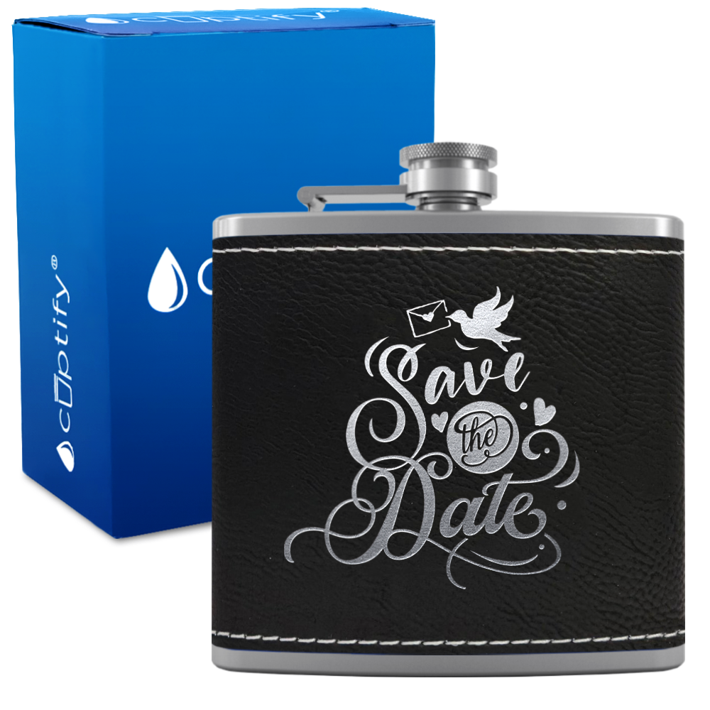 Save The Date 6 oz Stainless Steel Leather Hip Flask