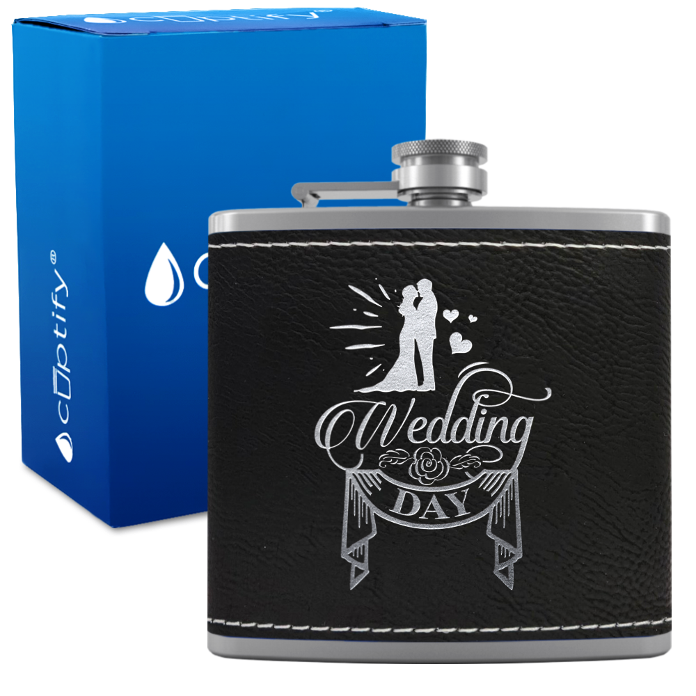 Wedding Day 6 oz Stainless Steel Leather Hip Flask