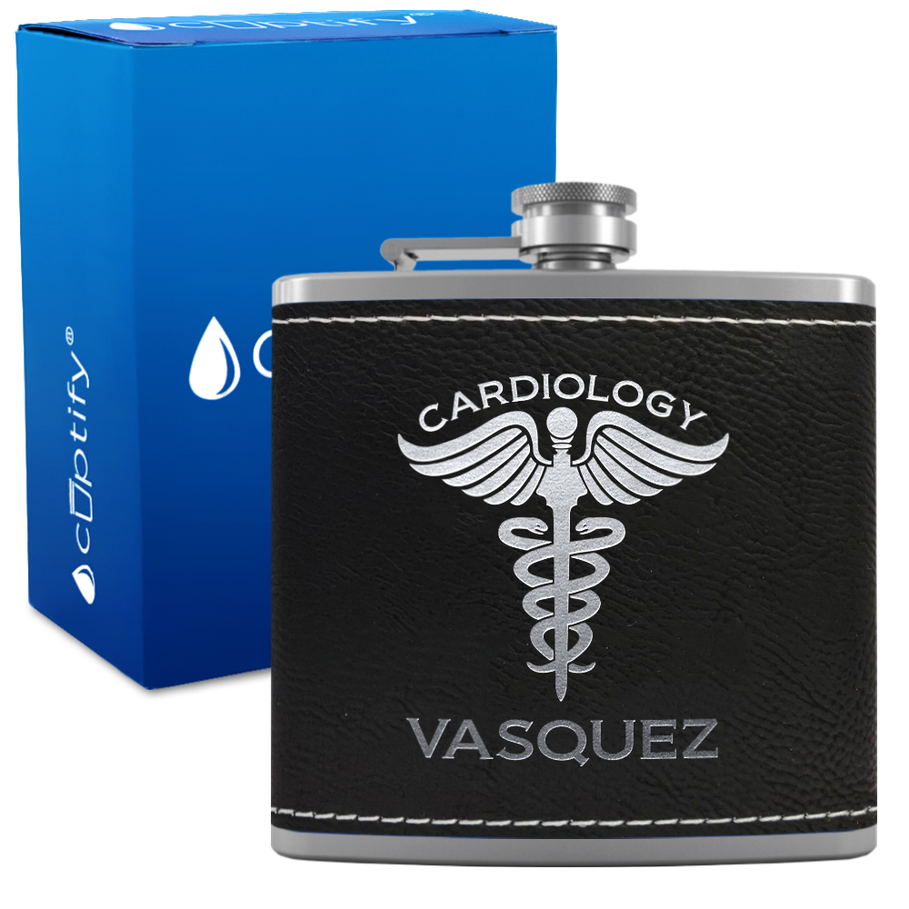 Personalized Cardiology 6oz Stainless Steel Leather Hip Flask