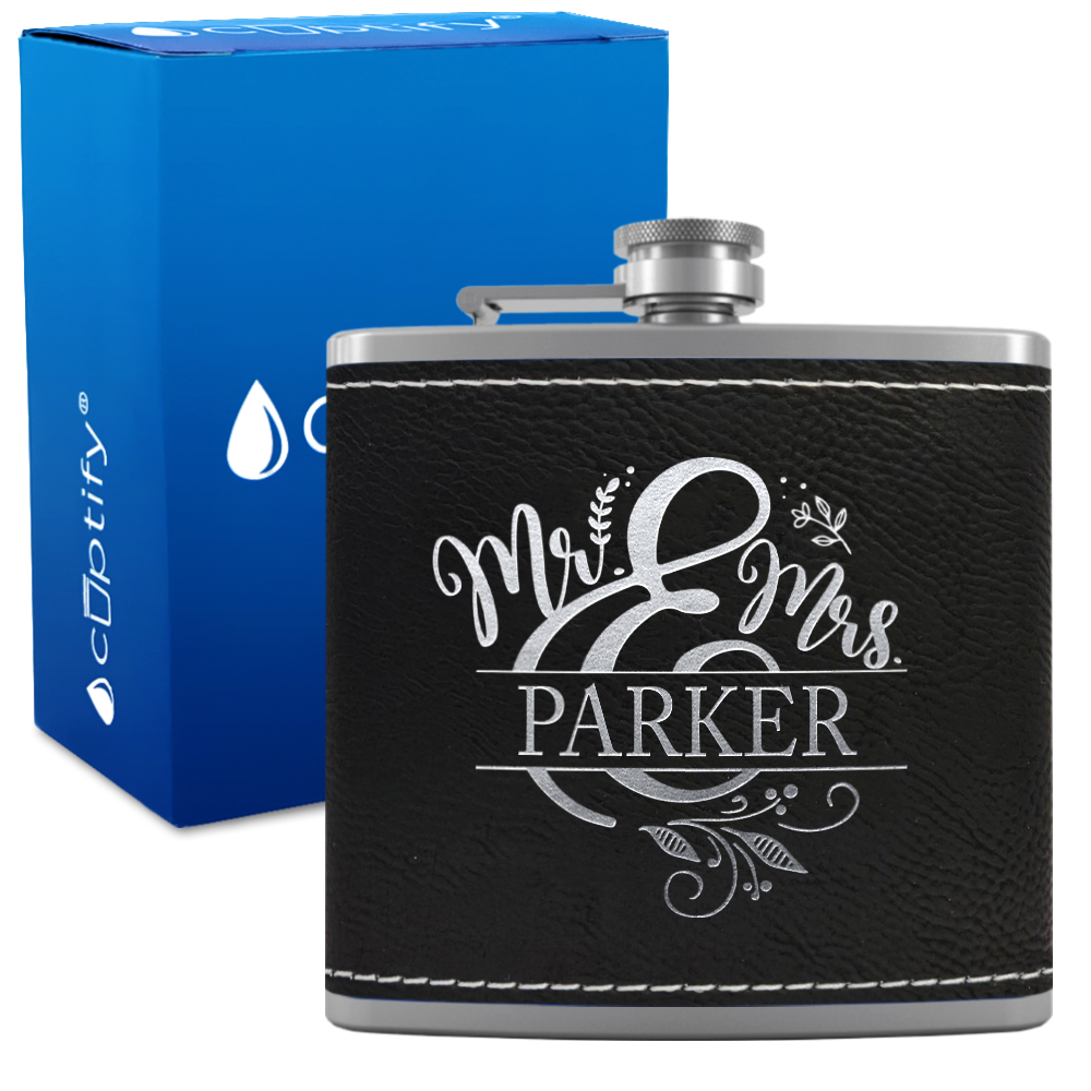 Personalized Mr. and Mrs. Split Script 6oz Stainless Steel Leather Hip Flask