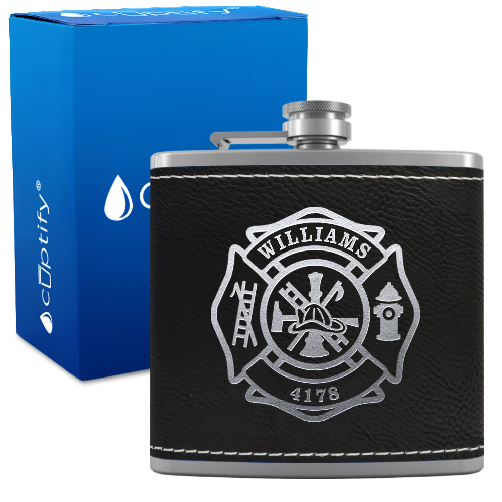 Personalized Firefighter Name and Number 6oz Stainless Steel Leather Hip Flask