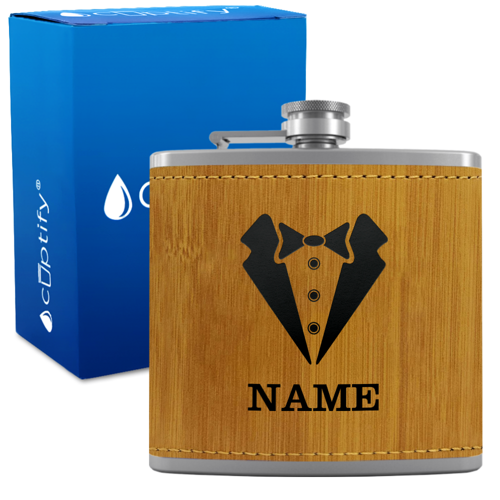 Personalized Suit Bow Tie Groomsmen 6 oz Stainless Steel Leather Hip Flask