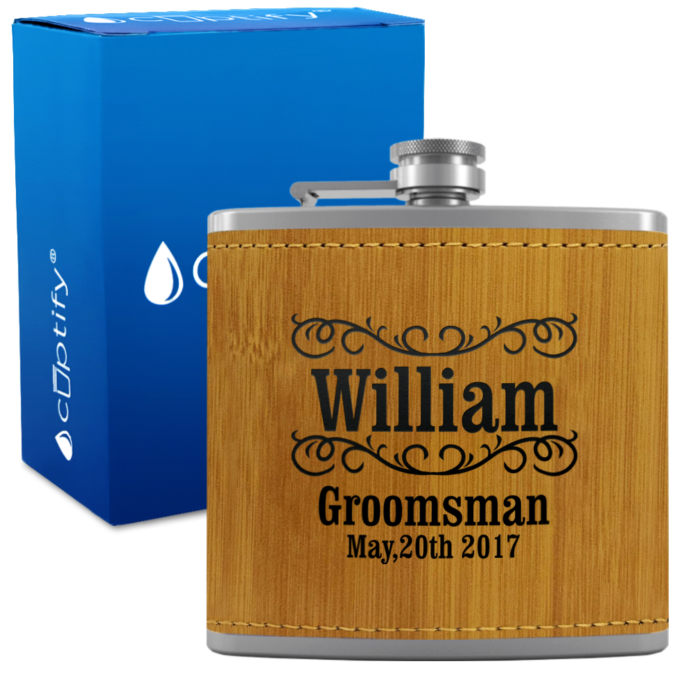 Personalized Classic Groomsmen 6 oz Stainless Steel Leather Hip Flask