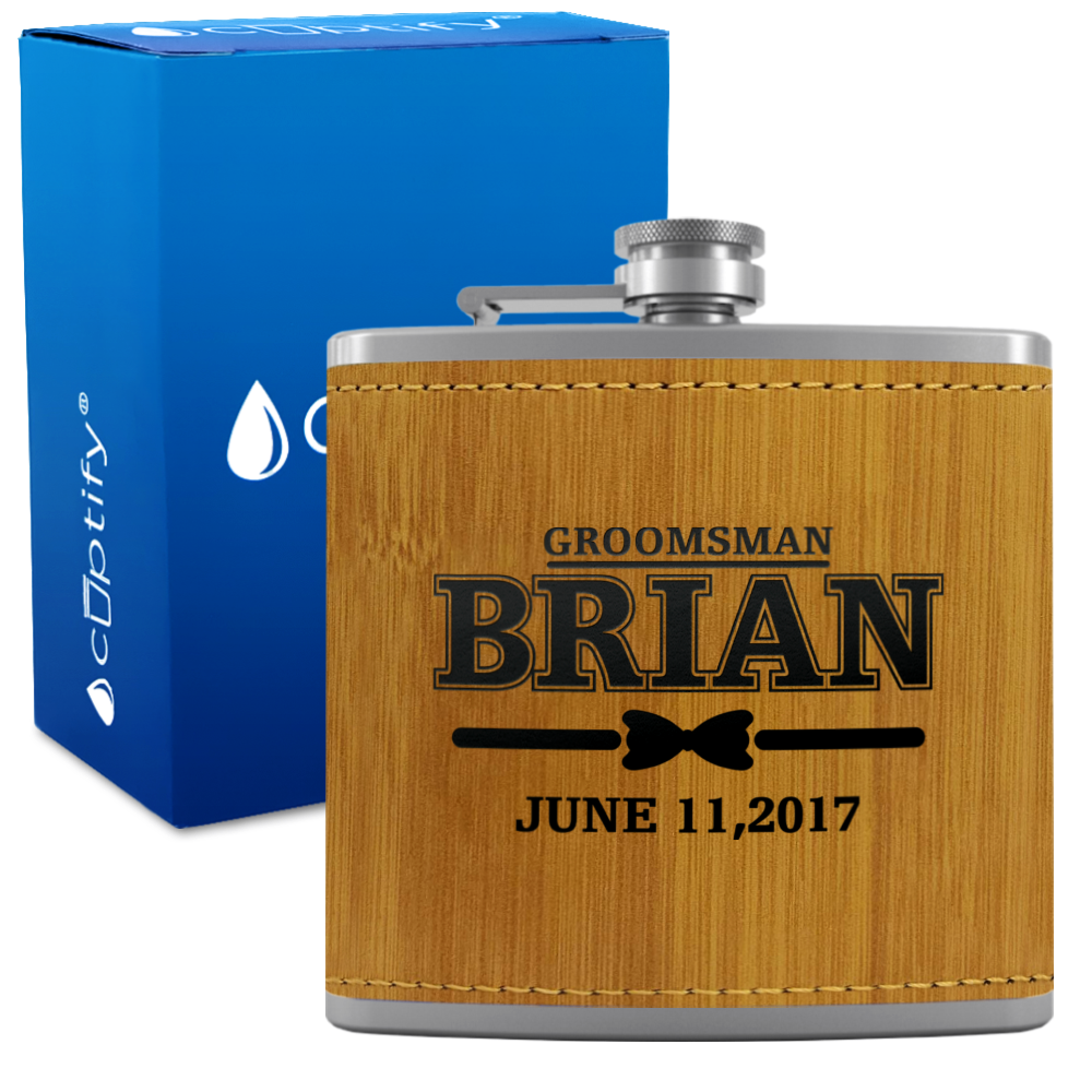 Personalized Dated Bow Tie Groosmen 6 oz Stainless Steel Leather Hip Flask