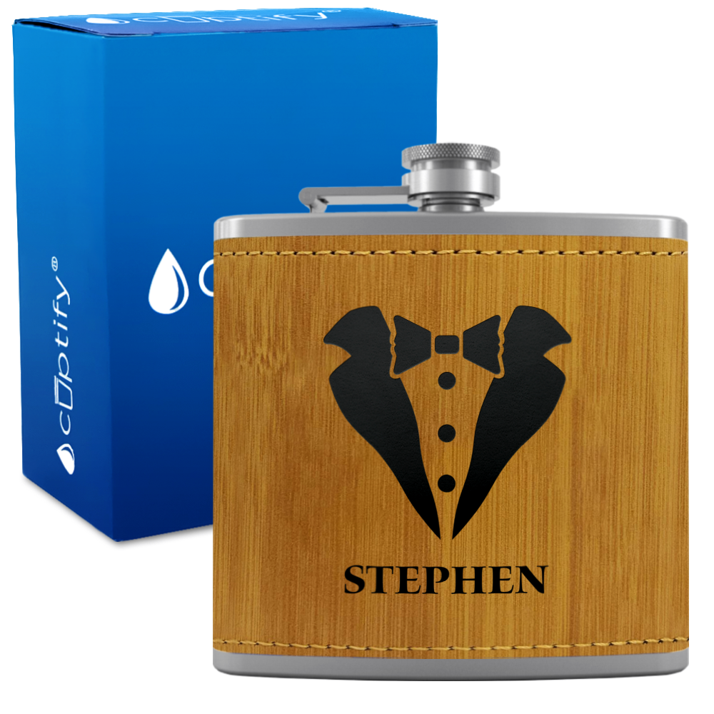 Personalized Tux Groomsmen 6 oz Stainless Steel Leather Hip Flask